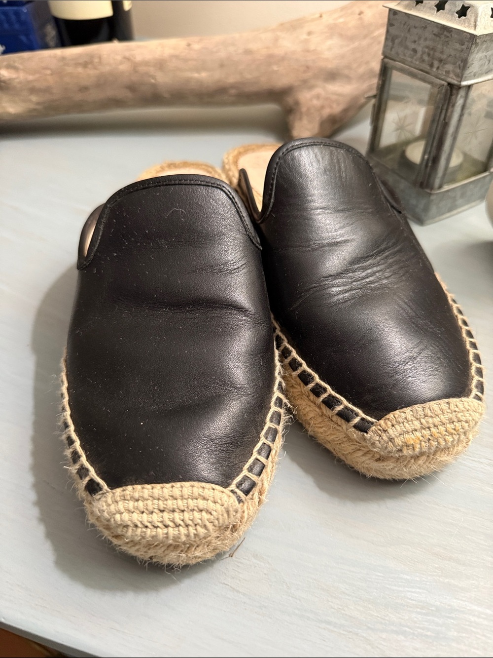J. Crew Black Leather Espadrille Mules
